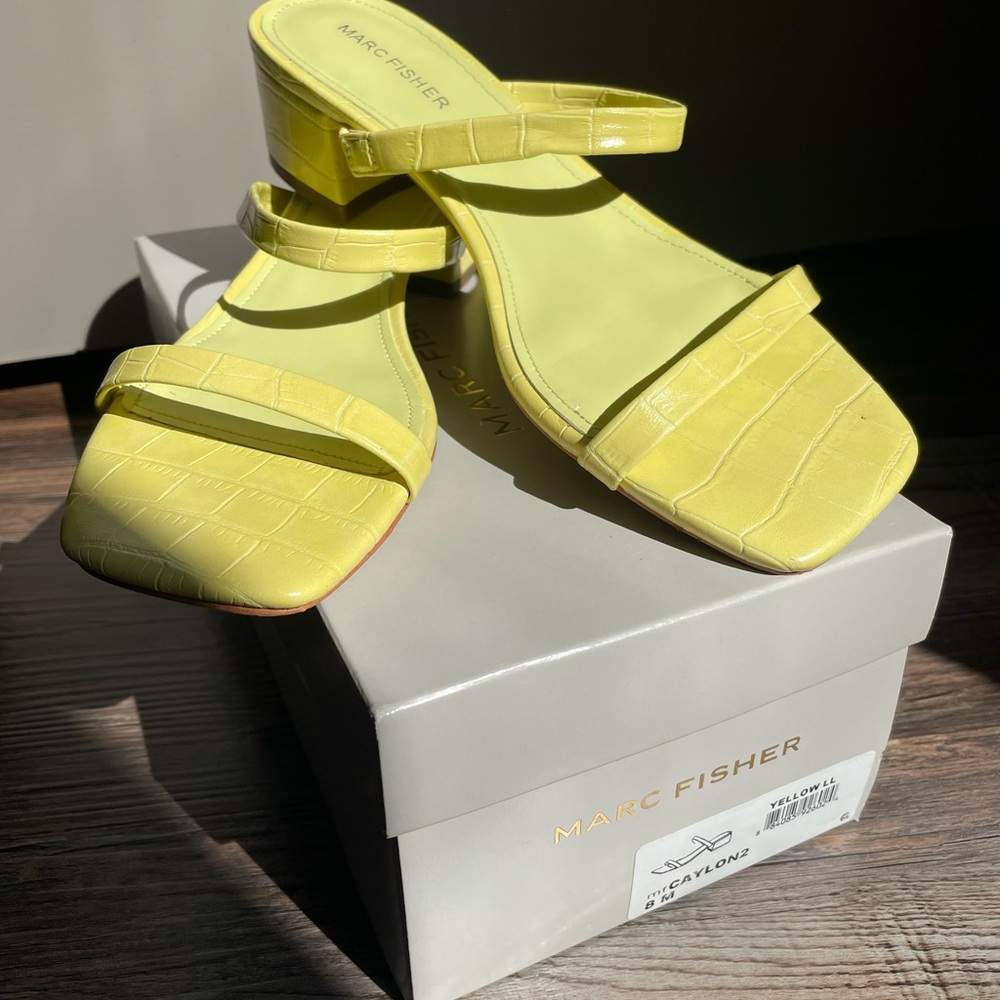 Marc Fisher Yellow Croc-Embossed Strappy Block Heel Sandal